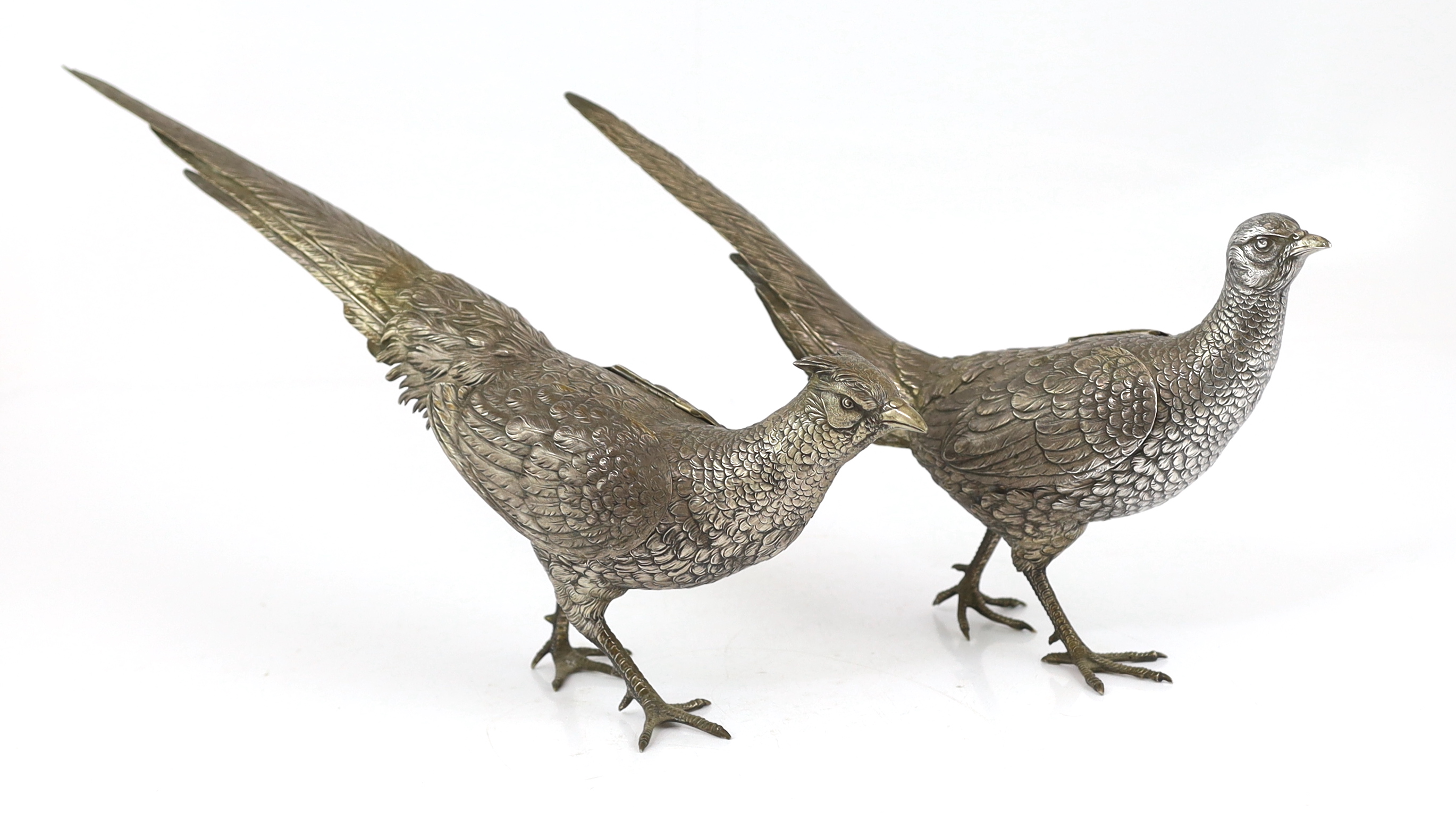 A large pair of German 800 standard silver free standing model pheasants with articulated wings, c.1930, 46cm long